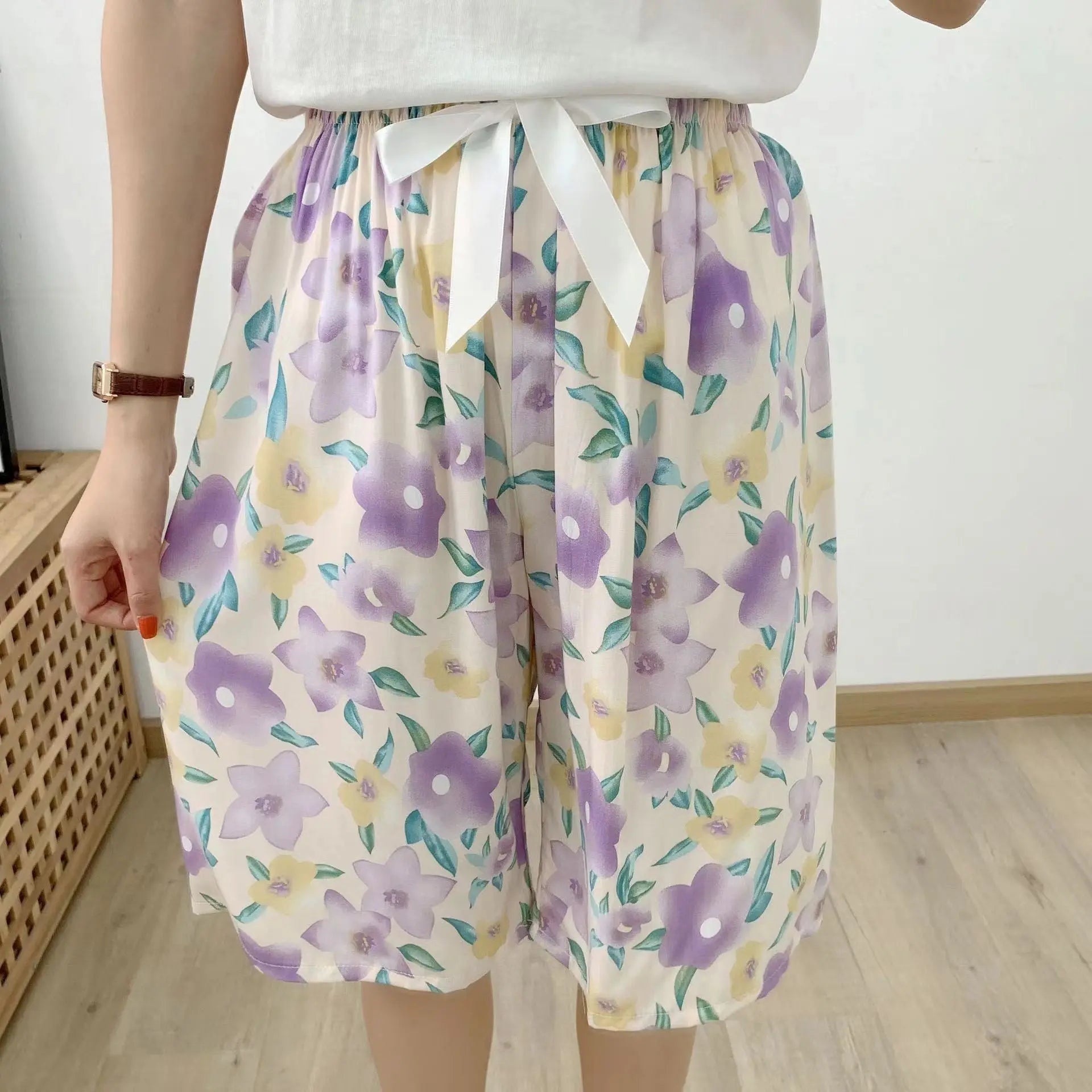 Blue and green cotton silk sleep shorts for women, trendy Japanese style, lightweight summer home wear, can be worn outside.