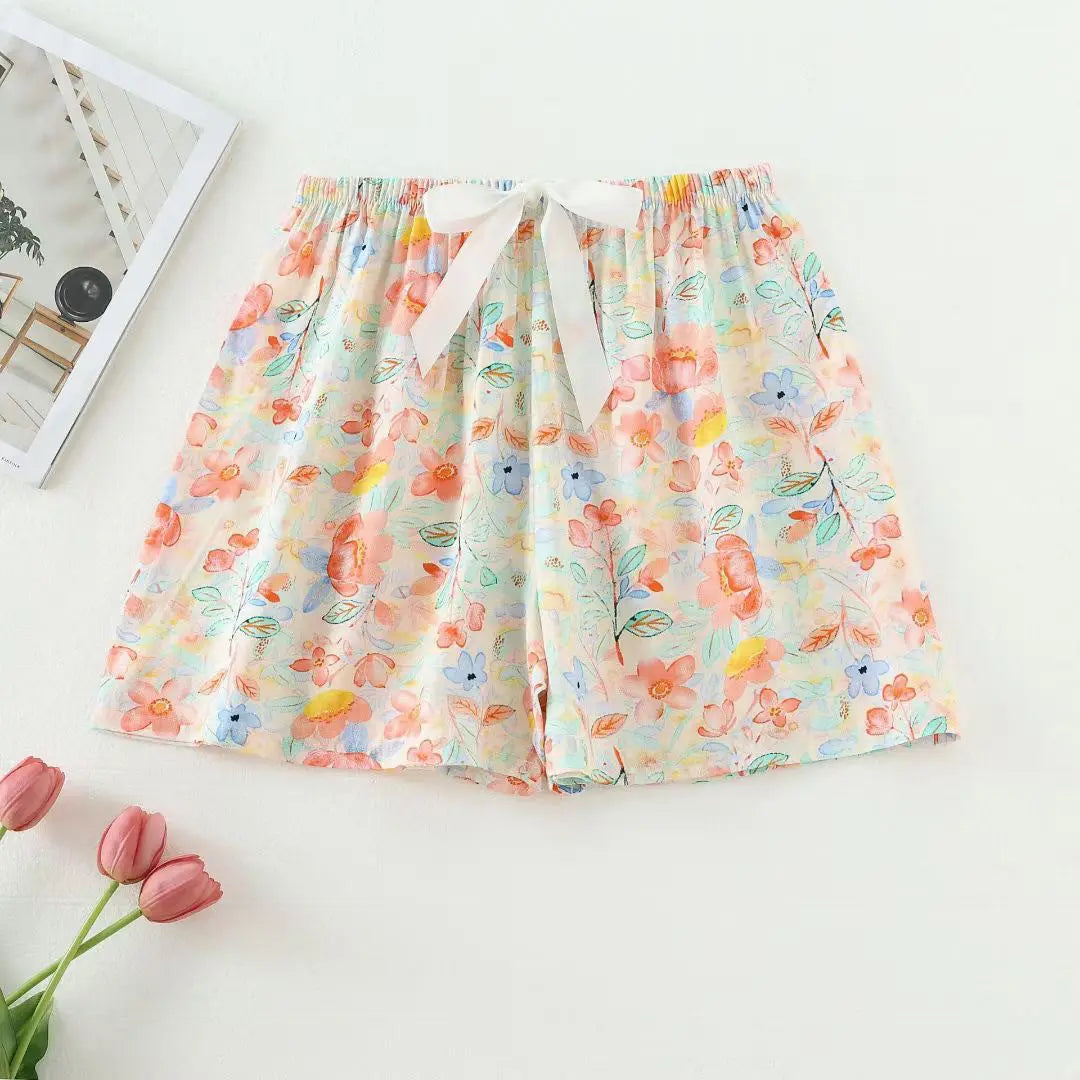 Cotton silk sleep shorts for women featuring blue and green fruit patterns, trendy Japanese style, lightweight and suitable for outdoor wear