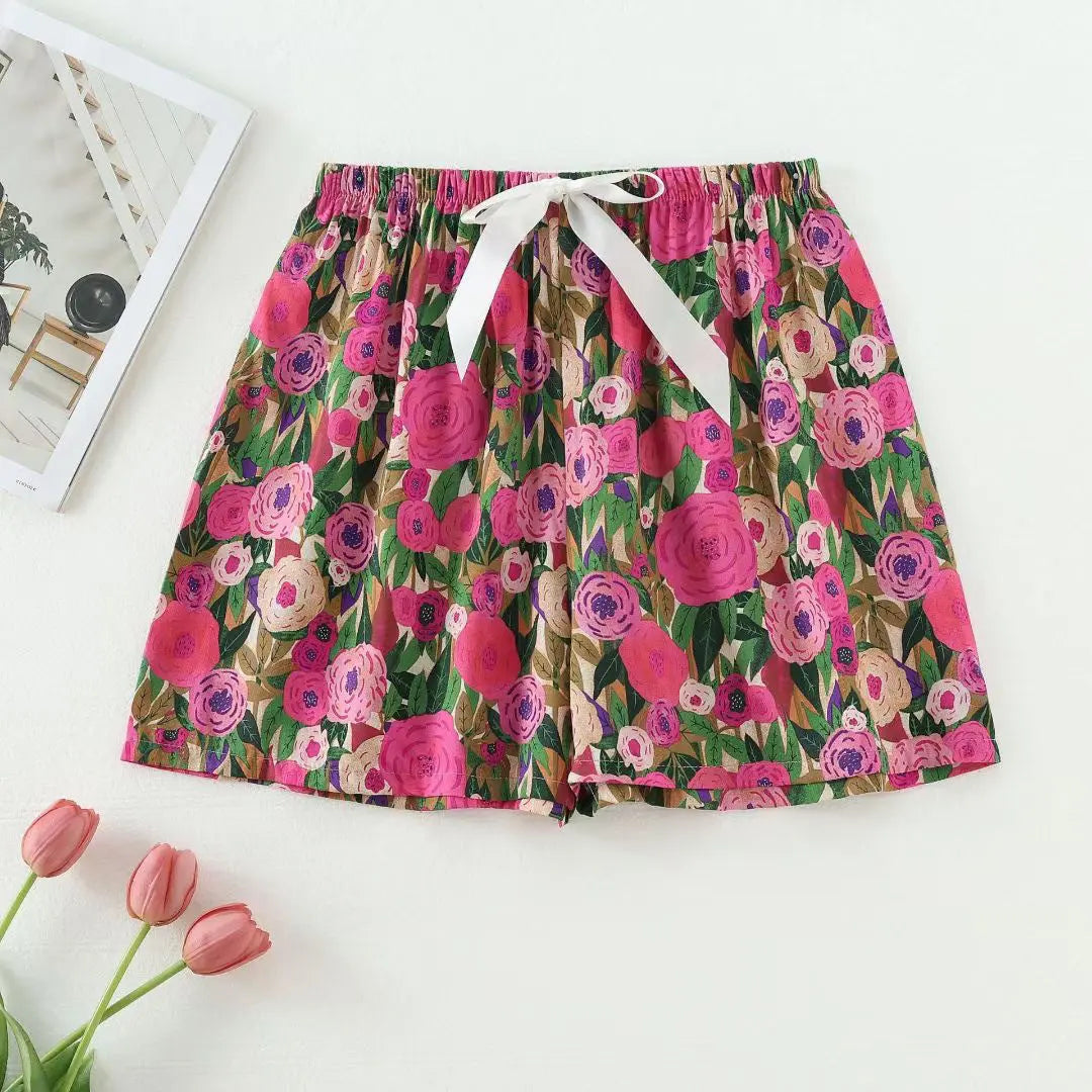 Blue and green Japanese-style cotton silk sleep shorts for women, trendy summer thin design, can be worn outside, cute home wear.
