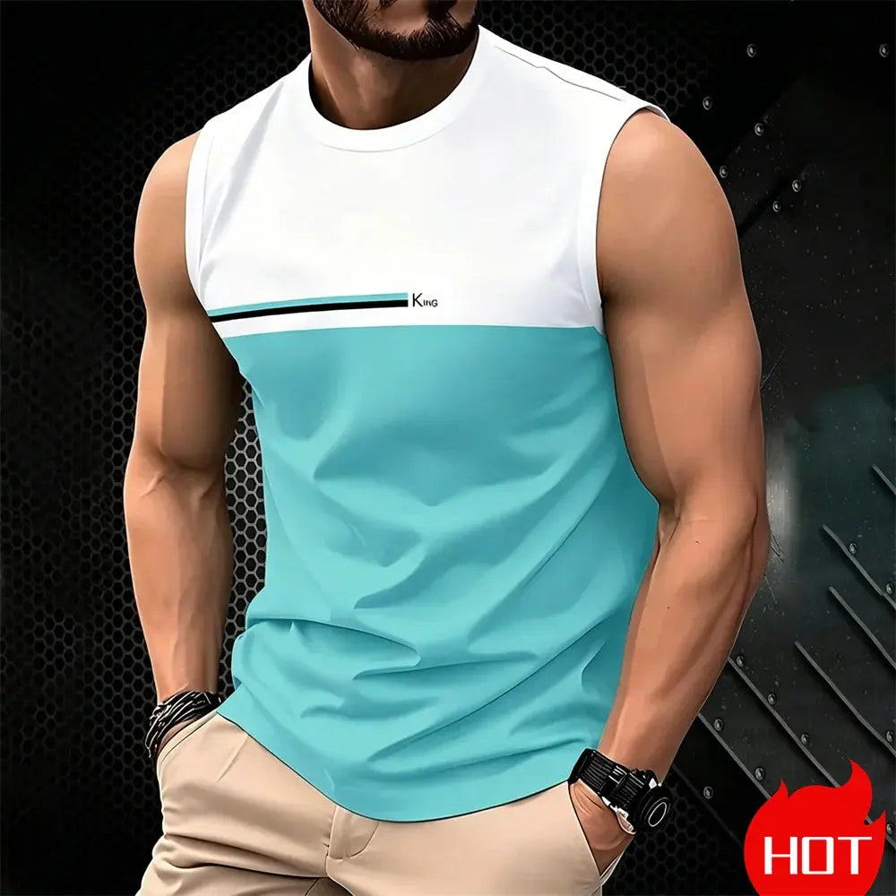 Men's sleeveless casual T-shirt by SHOPEZRA L.L.C., breathable plus size O-neck tank top with 3D print, suitable for outdoor wear.