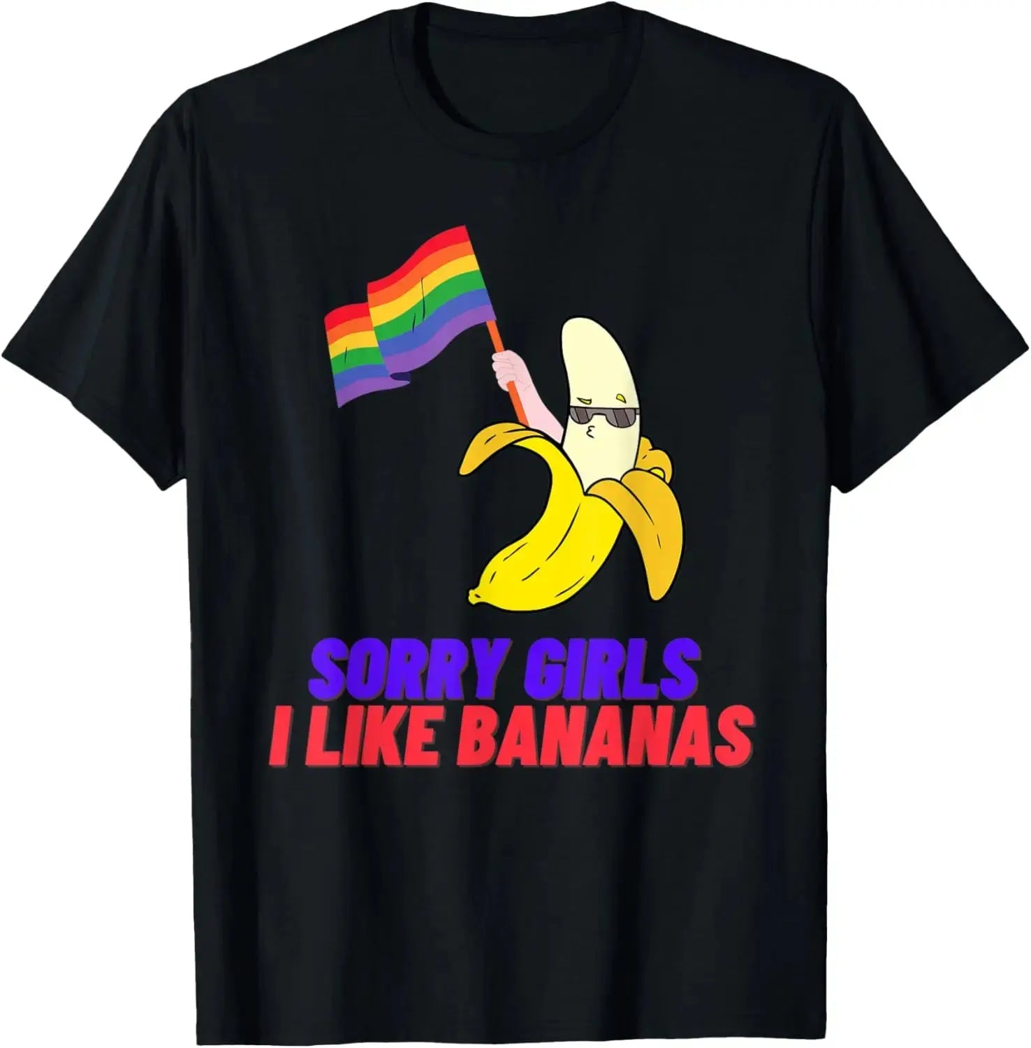 Men's short sleeve LGBTQ pride T-shirt featuring fun "Sorry Girl I Love Banana" graphic, vibrant streetwear style.
