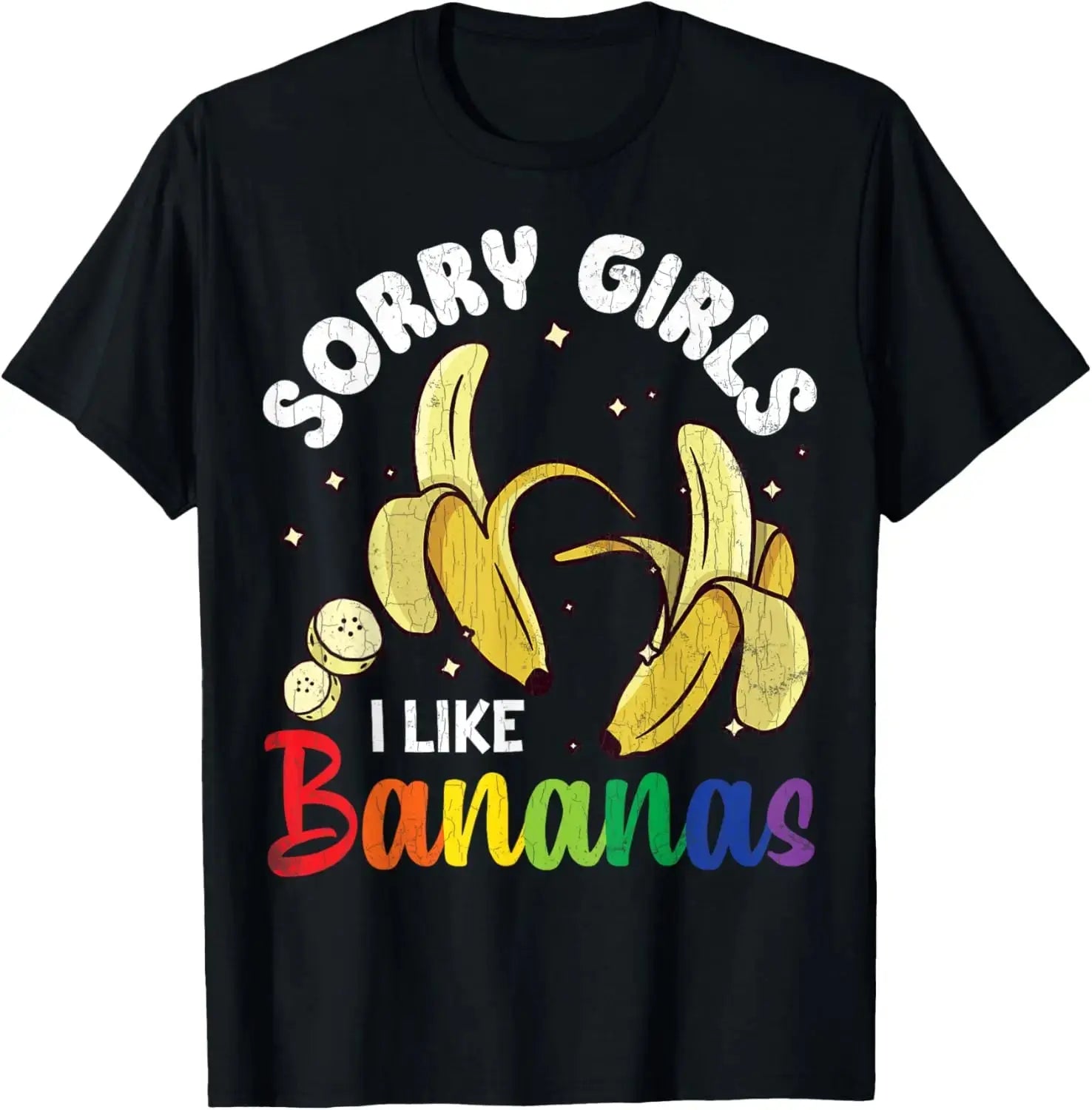 Black short sleeve LGBTQ Gay Pride T-shirt with "Sorry Girl I Love Banana" graphic, men's streetwear fashion by SHOPEZRA L.L.C.