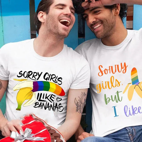 Bright LGBTQ pride T-shirt for men featuring fun "Sorry Girl I Love Banana" design, short sleeves, streetwear style, by SHOPEZRA L.L.C.