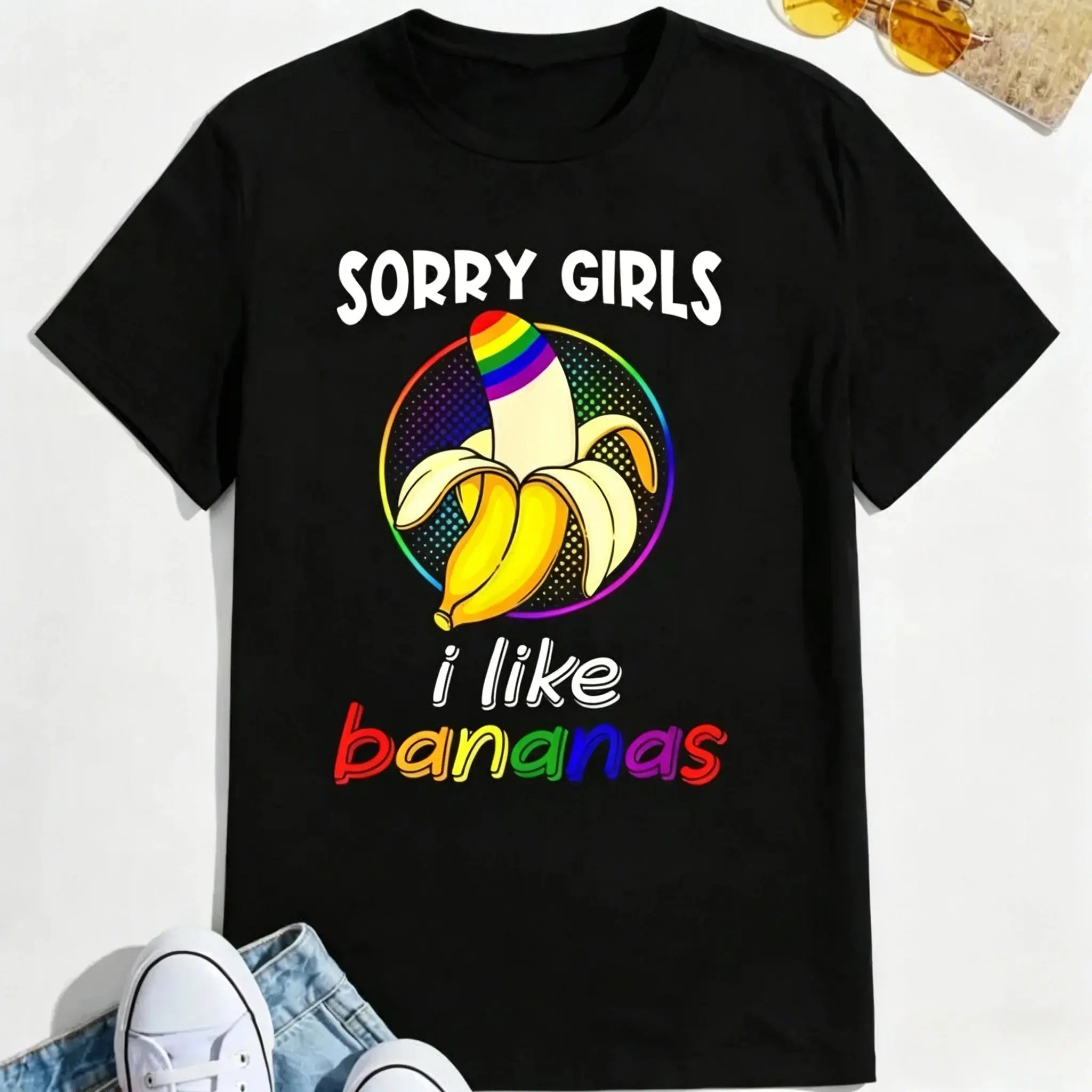 Short sleeve LGBTQ gay pride T-shirt by SHOPEZRA L.L.C. featuring playful "Sorry Girl I Love Banana" graphic for men.