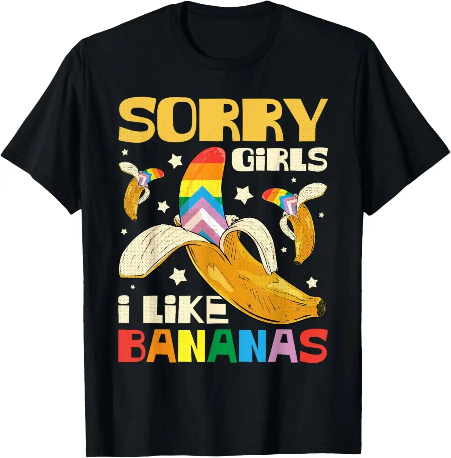Short sleeve LGBTQ gay pride T-shirt by SHOPEZRA L.L.C. featuring playful "Sorry Girl I Love Banana" design for men.