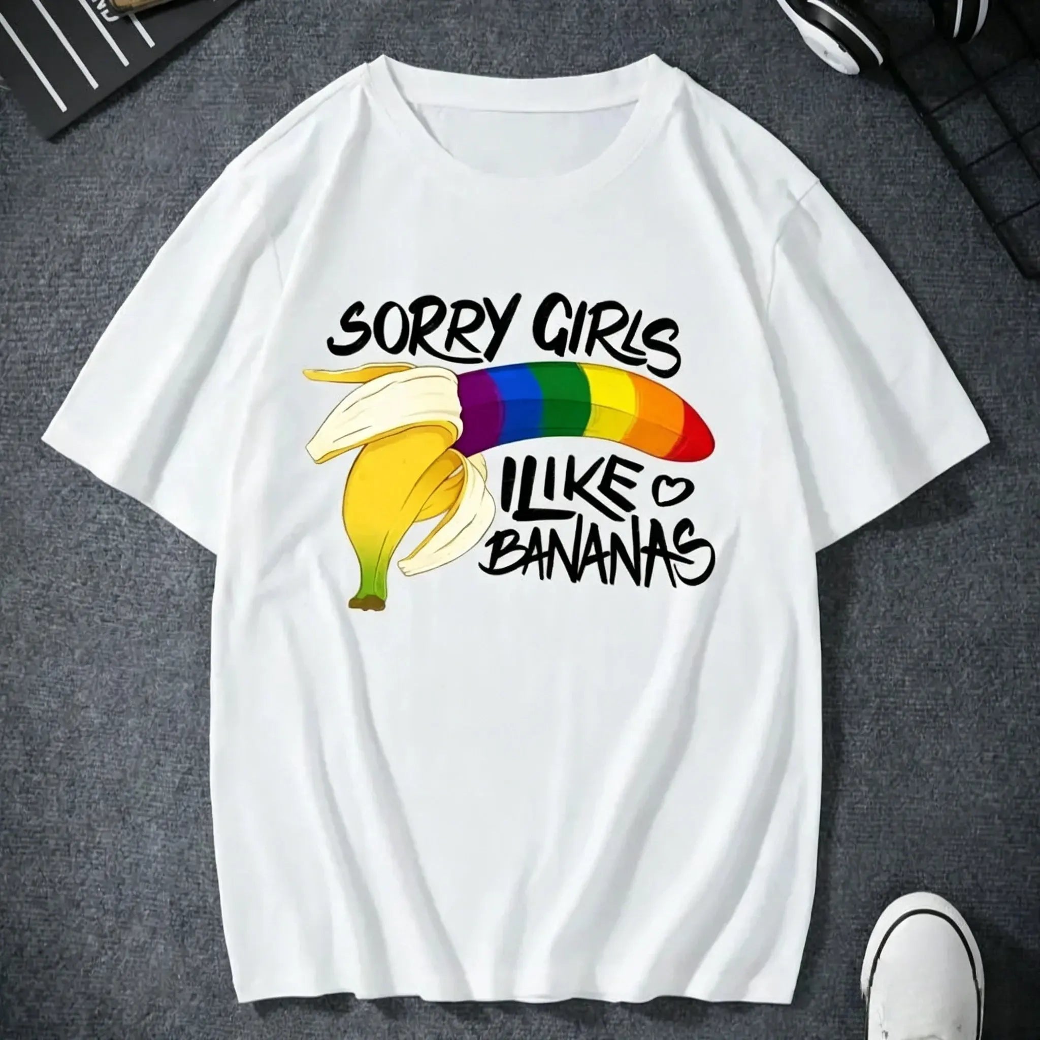 Short sleeve LGBTQ gay pride T-shirt by SHOPEZRA L.L.C. featuring fun "Sorry Girl I Love Banana" graphic in vibrant colors.