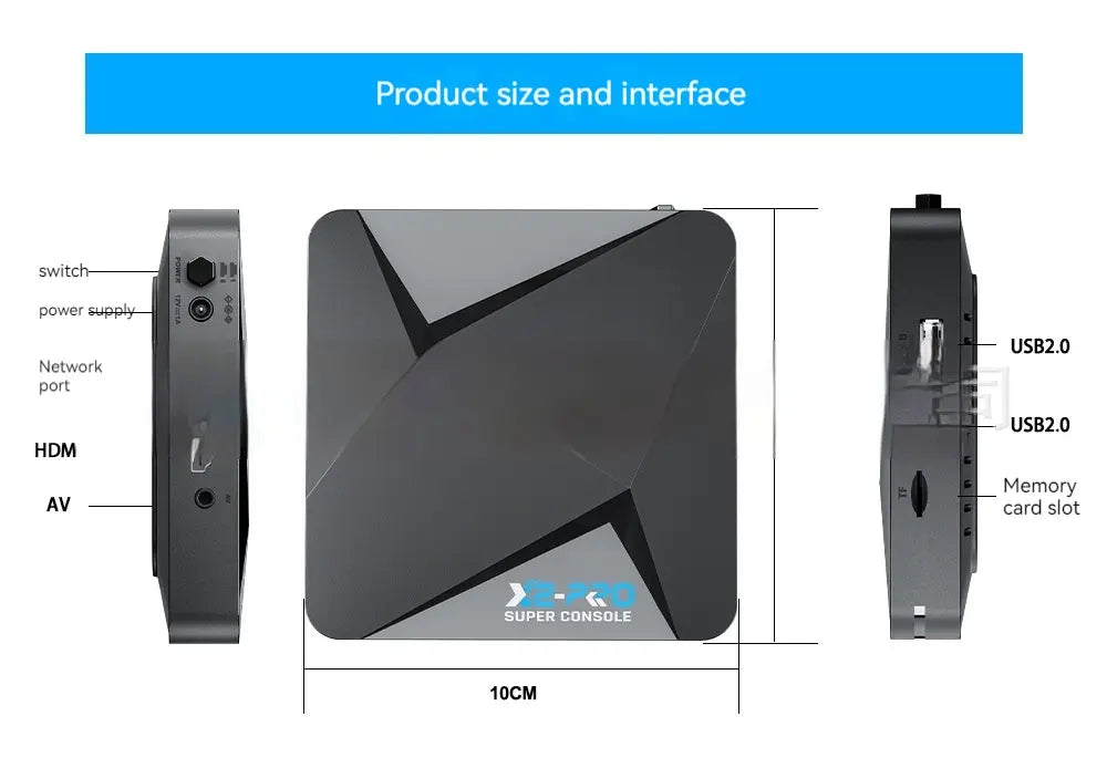 Home Entertainment Hub X-2 showing product size and interface details for optimal connectivity and performance.