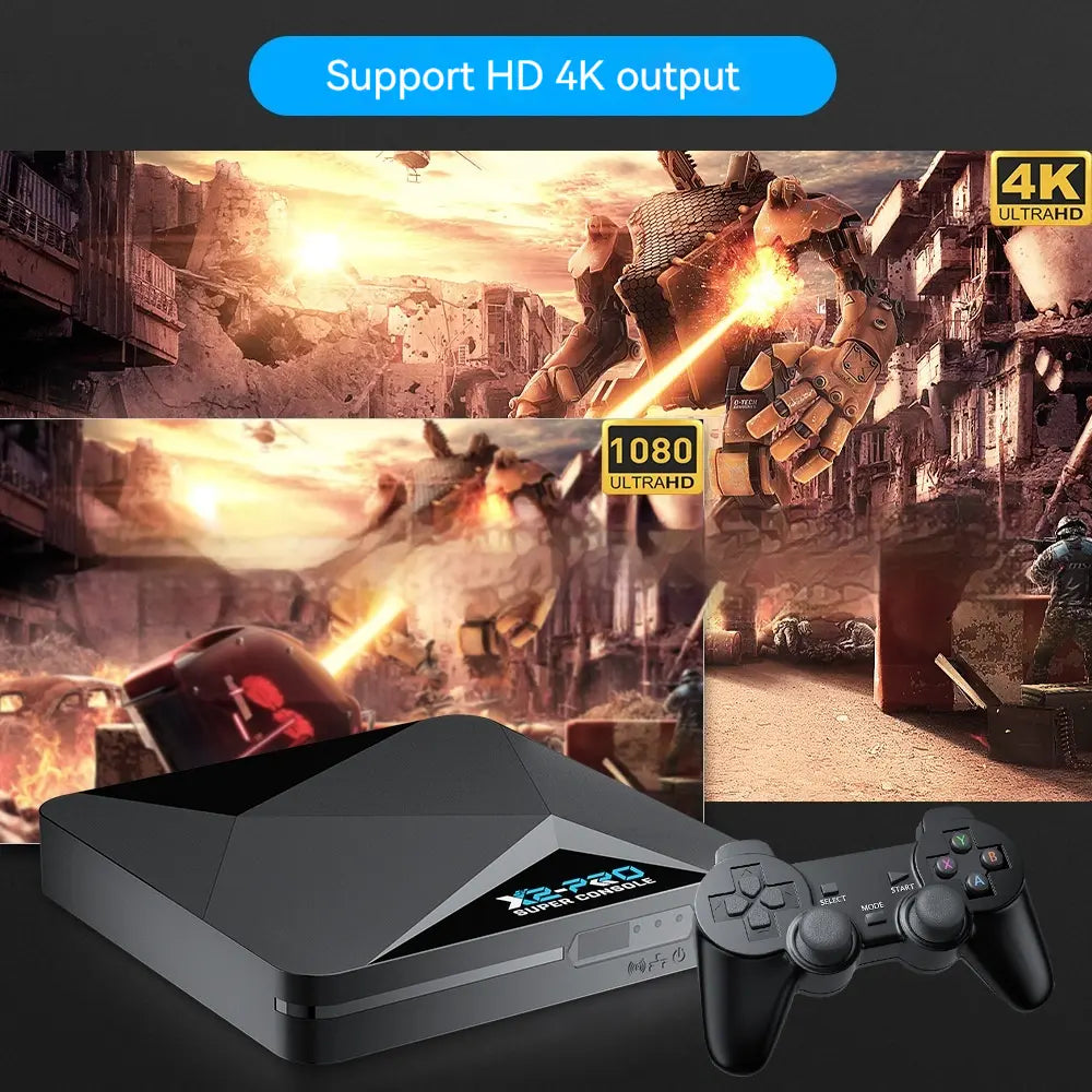 Home Entertainment Hub X-2 showcasing HD 4K output with gaming controller and vibrant video playback.