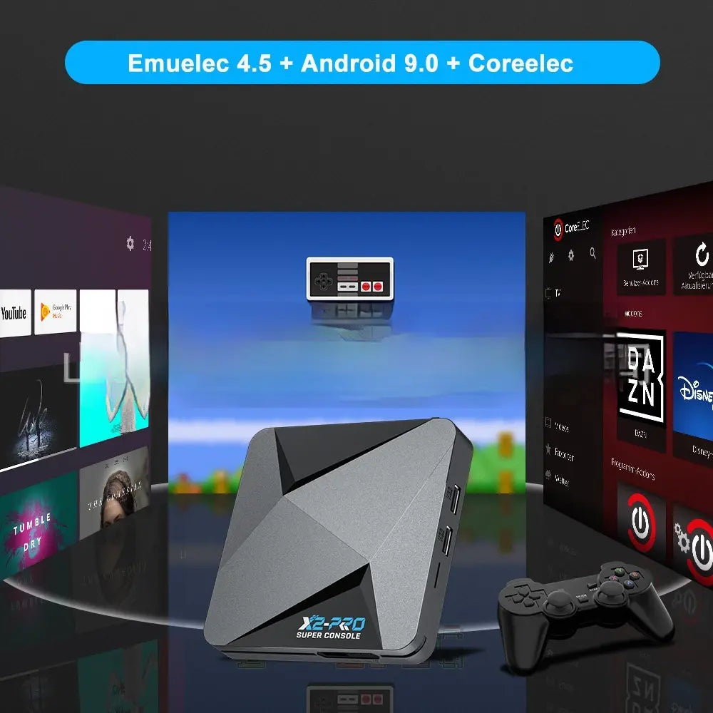 Home Entertainment Hub X-2 featured with Emuelec 4.5, Android 9.0, and Coreelec for gaming and streaming.