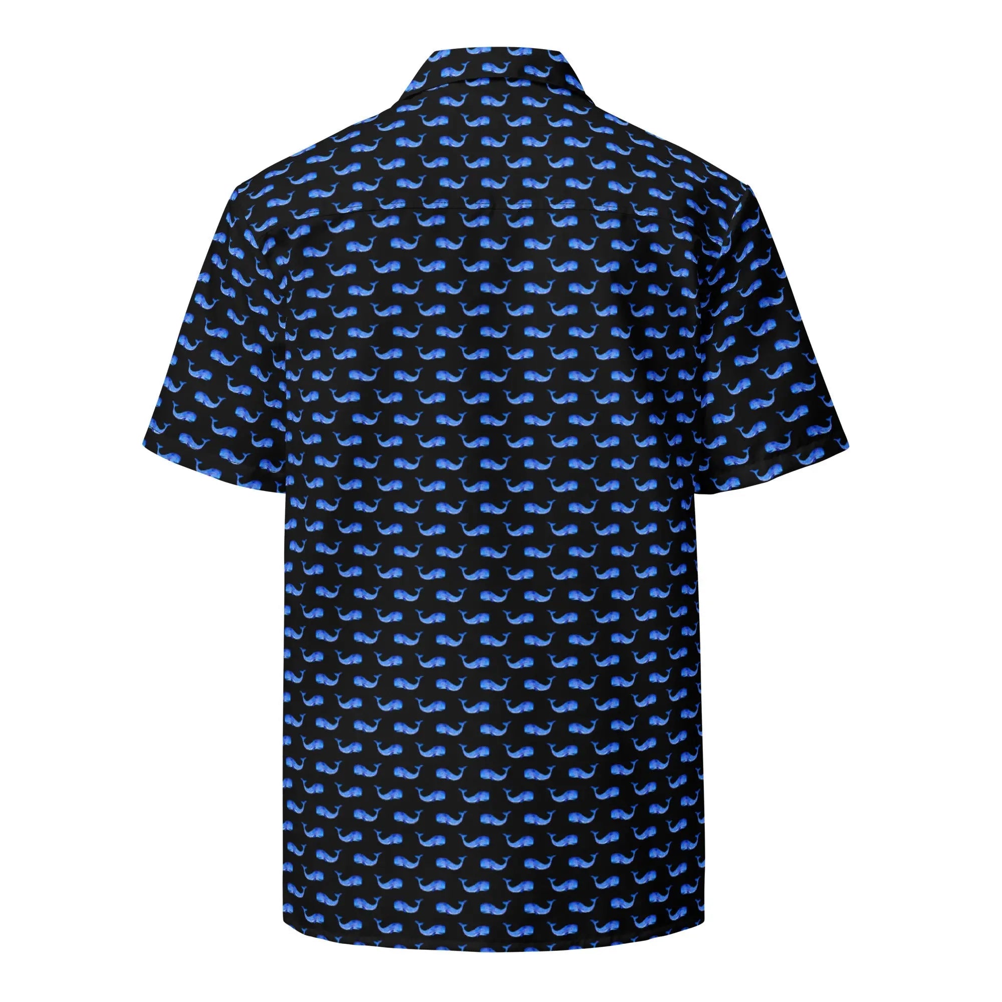 Back view of the Midnight Whale Hawaiian Shirt featuring a pastel blue whale pattern on a black background.