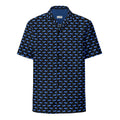 Midnight Whale Hawaiian Shirt featuring a black background with pastel blue watercolor whale pattern, size XL.