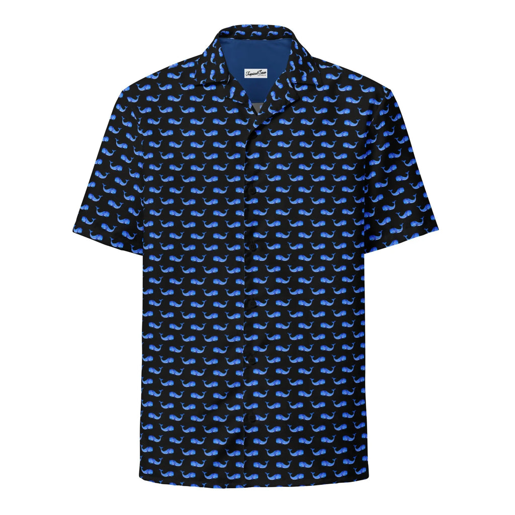 Midnight whale Hawaiian shirt by SHOPEZRA L.L.C., button-down coastal summer 2024 collection with whale and ocean print.