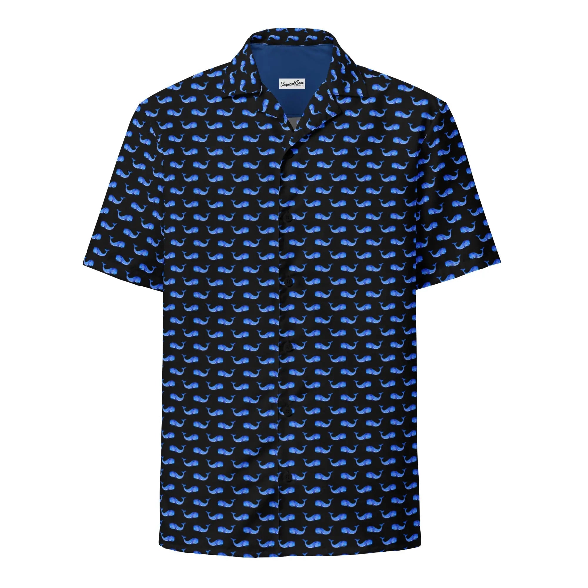 Midnight Whale Party Hawaiian shirt by SHOPEZRA L.L.C. featuring whale and ocean print, short-sleeve button-down for coastal summer style.