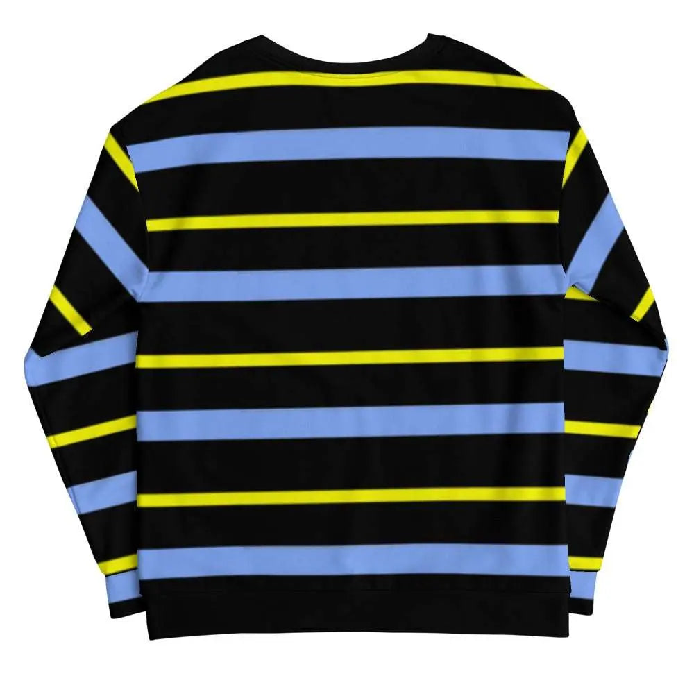 Retro graphic sweatshirt with bold blue and yellow stripes on a black background, perfect for casual wear.