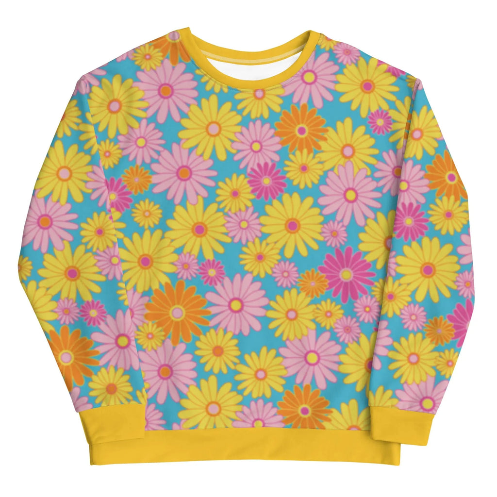 Women's Hippy Garden sweatshirt by SHOPEZRA L.L.C., featuring a colorful floral pattern and casual fit.