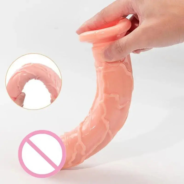 Realistic dildo sex toy with skin-like texture, large size, suction cup base, designed for female masturbation and anal play.