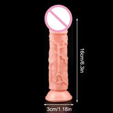 Realistic dildo sex toy with skin-like texture, large size, suction cup base, designed for female masturbation and anal play.