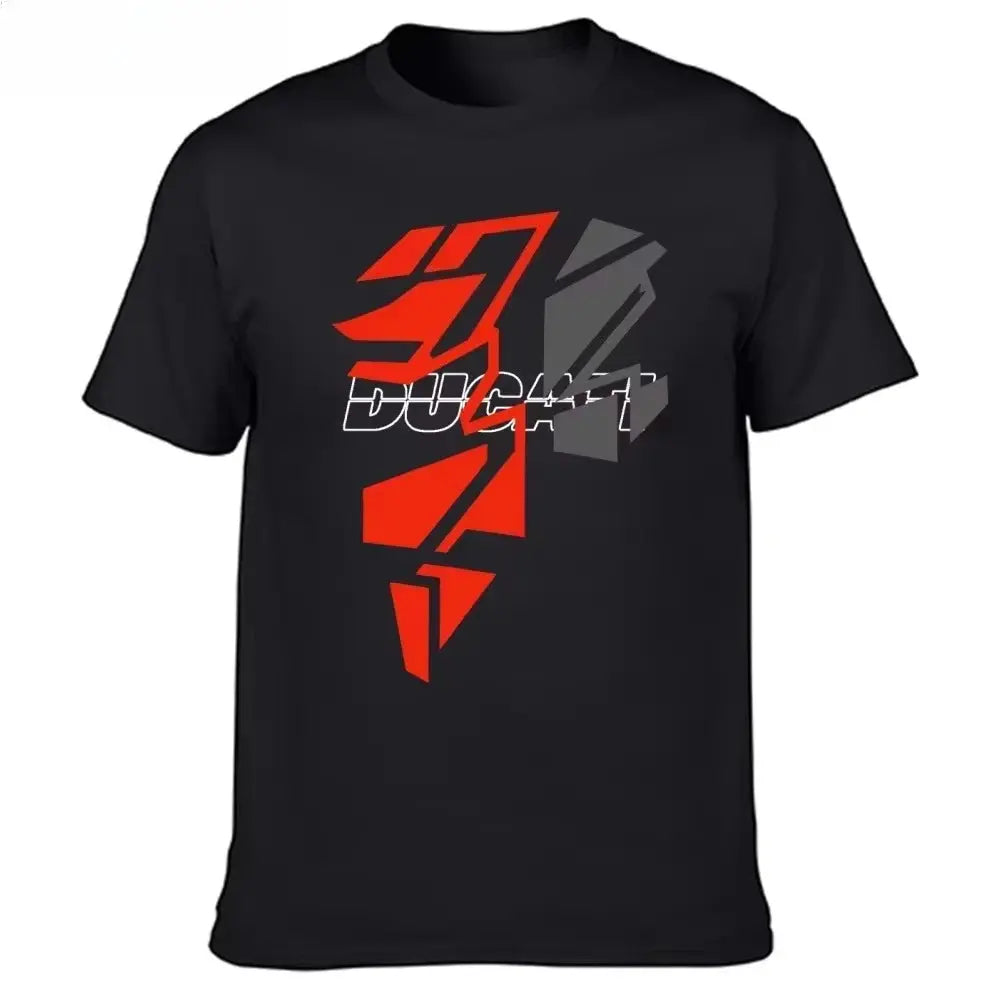 Short-sleeved Ducati Moto GP team racing T-shirt by SHOPEZRA L.L.C. in summer fashion attitude, suitable for motorcycle riders.