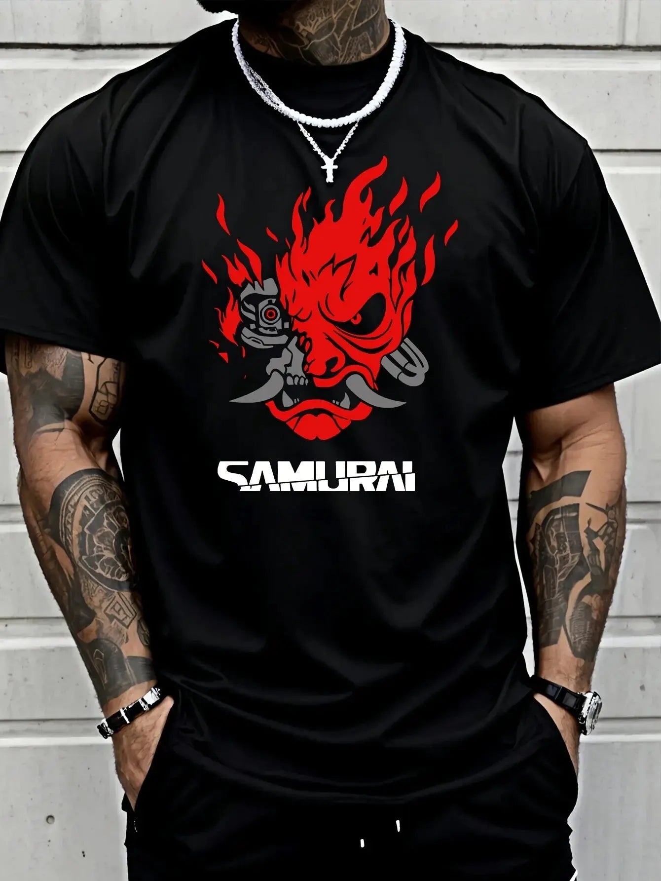 Samurai Hip-hop Trend print cotton T-shirt for men and women, casual short sleeve tee perfect for summer, autumn, outdoor sports.