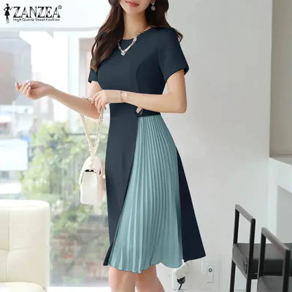 ZANZEA 2025 Elegant Pleated Dresses Women Summer Work OL Dress Stylish Short Sleeve Party Sundress Casual Patchwork Vestidos by Dropshipman