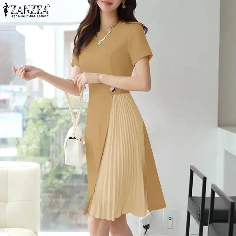 ZANZEA 2025 Elegant Pleated Dresses Women Summer Work OL Dress Stylish Short Sleeve Party Sundress Casual Patchwork Vestidos by Dropshipman