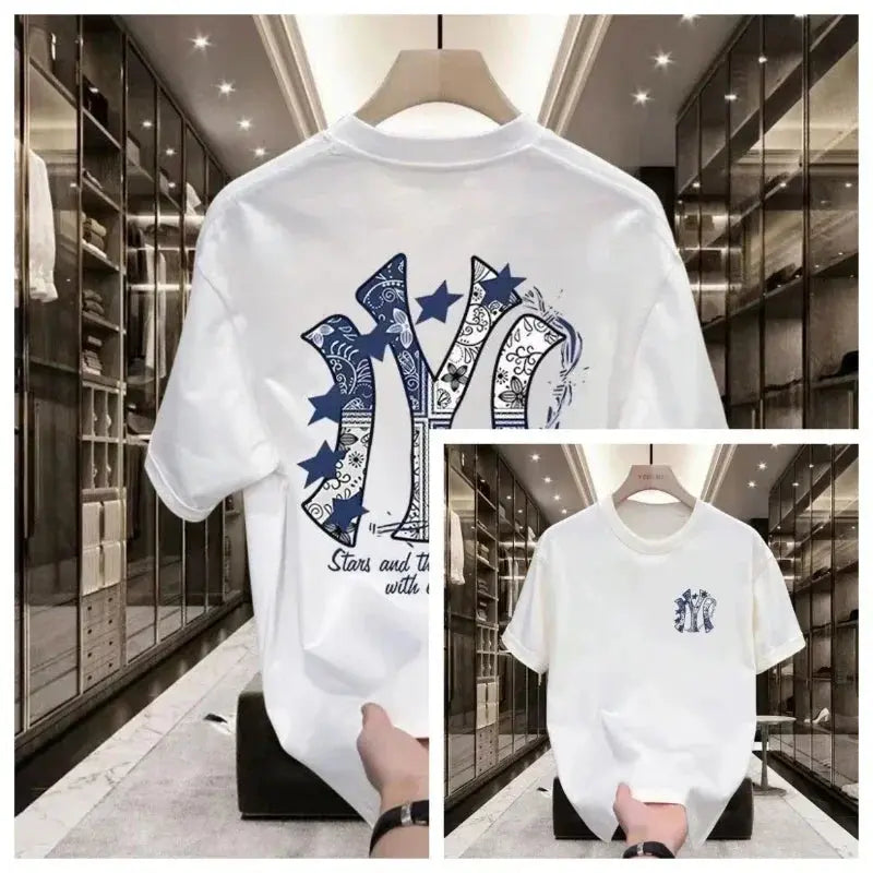 White men's short-sleeved T-shirt with trendy street print from SHOPEZRA L.L.C., designed for a comfortable, loose summer fit.