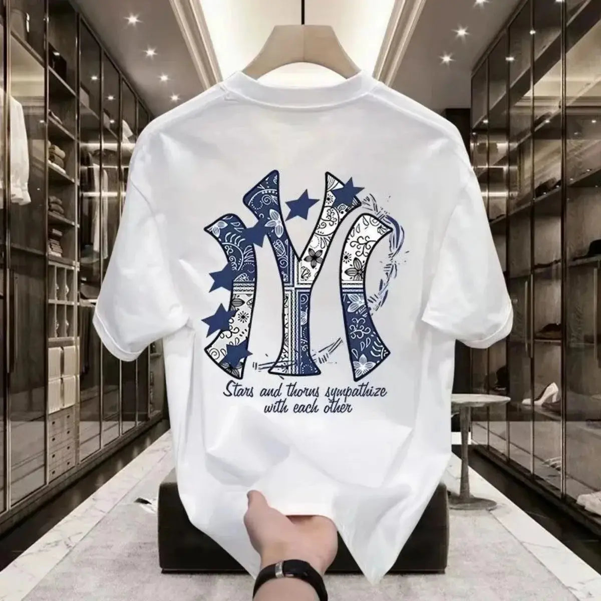 White men's short-sleeved T-shirt with trendy street print, loose fit, comfortable summer style, by SHOPEZRA L.L.C.