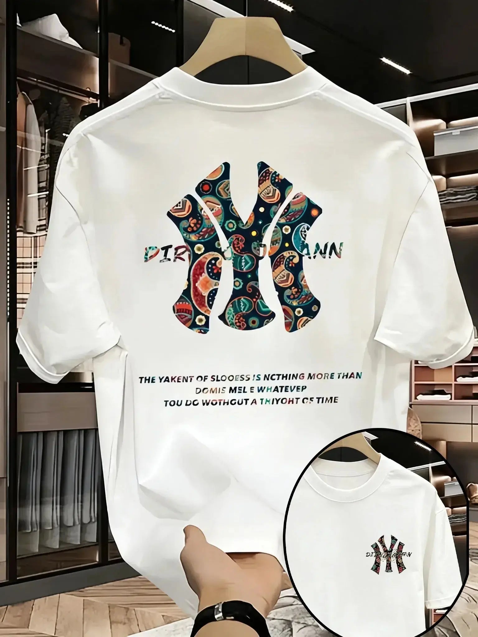 White men's short-sleeved T-shirt with trendy street print, loose fit, comfortable summer style by SHOPEZRA L.L.C.