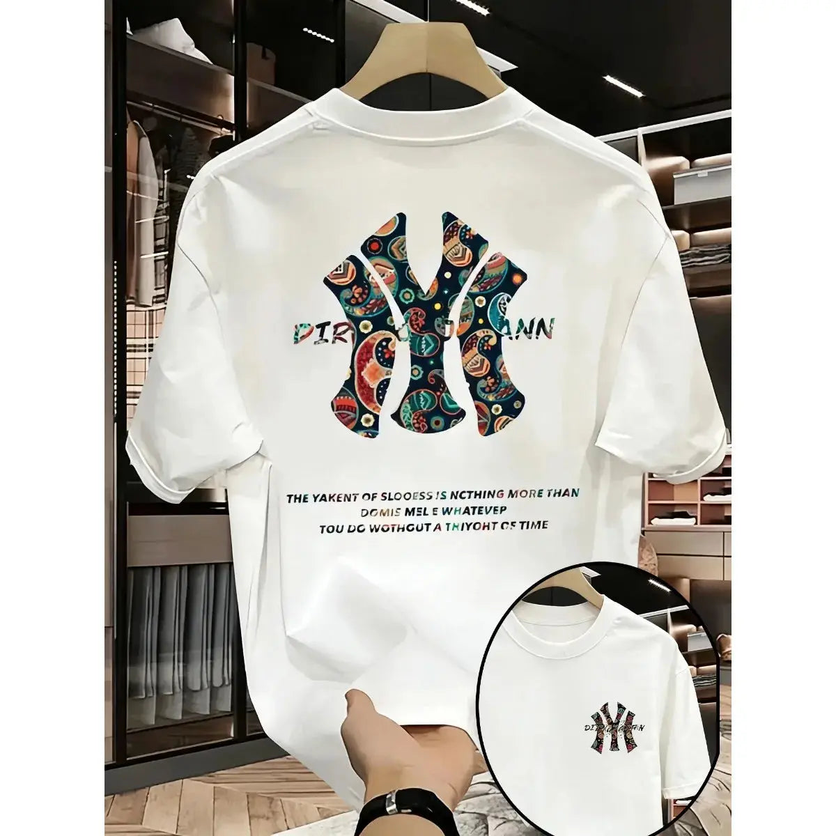 White men's short-sleeved T-shirt with trendy street print, loose fit, comfortable summer style, by SHOPEZRA L.L.C.