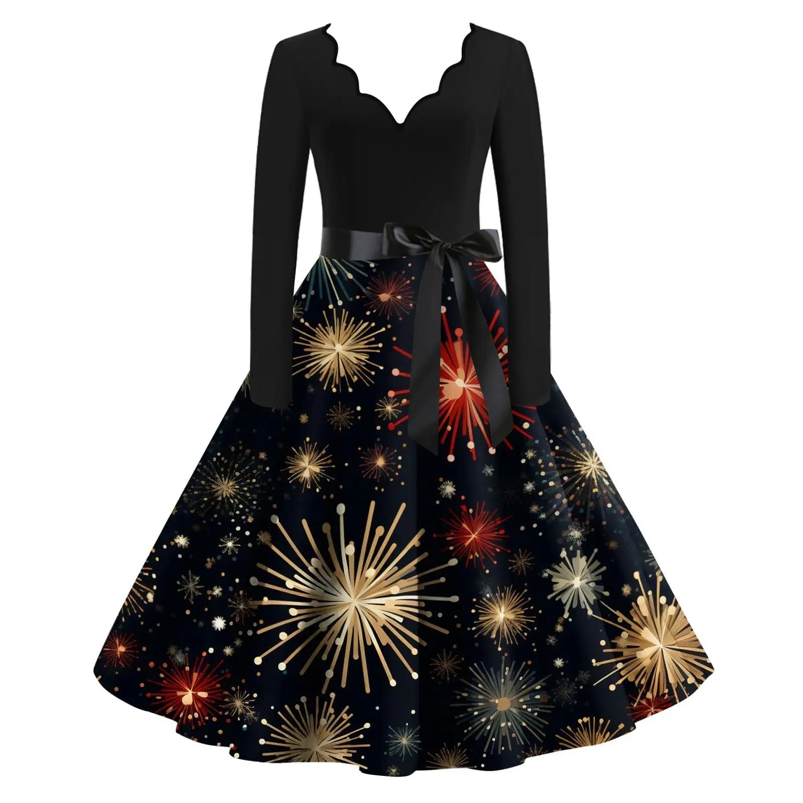 Gold 1950s Christmas dress for women with vintage holiday print, featuring a classic retro style and festive holiday design.