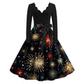 1950s Christmas vintage dresses for women featuring black top and festive firework print skirt.