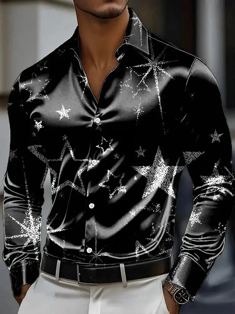 Men's long sleeve street shirt with 3D vintage chain print, polyester fabric, button front, outdoor fashion style by SHOPEZRA L.L.C.