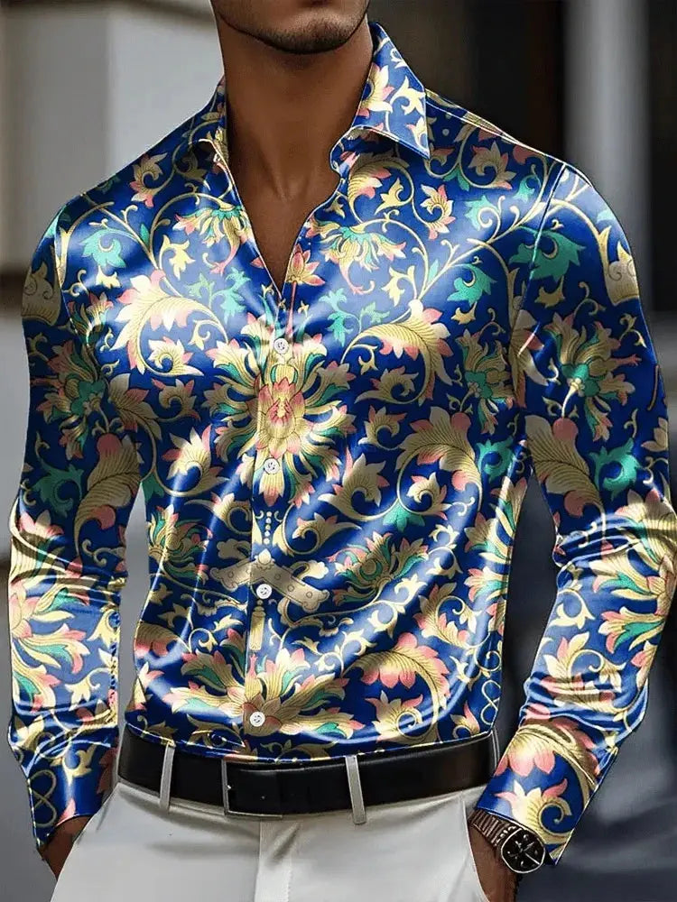 Men's 3D vintage chain print long sleeve shirt by SHOPEZRA L.L.C. with polyester fabric, outdoor street style, button front.