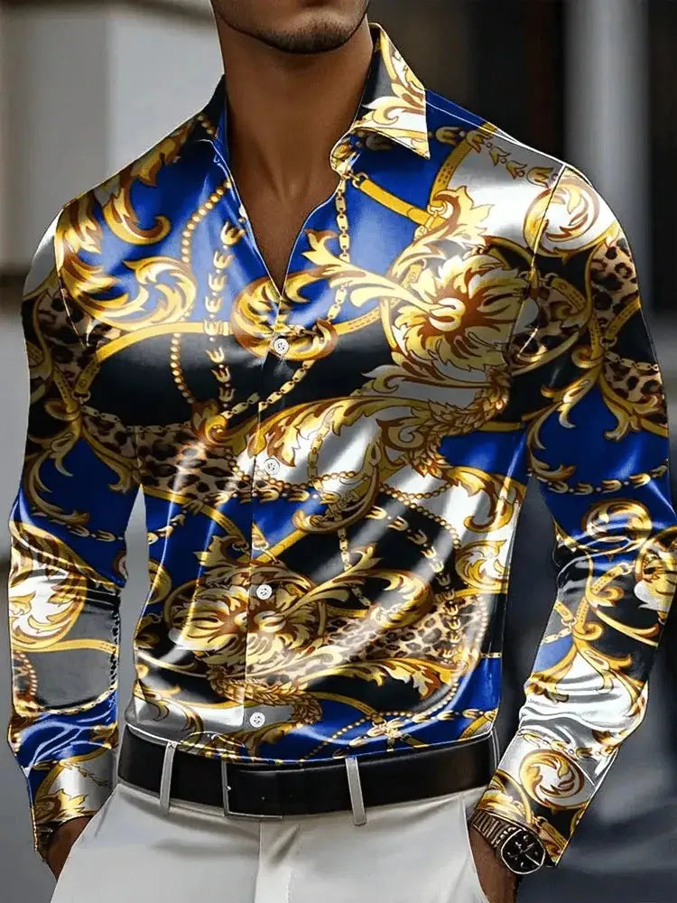Men's long sleeve shirt by SHOPEZRA L.L.C. with 3D vintage chain print, polyester fabric, outdoor street style, button closure