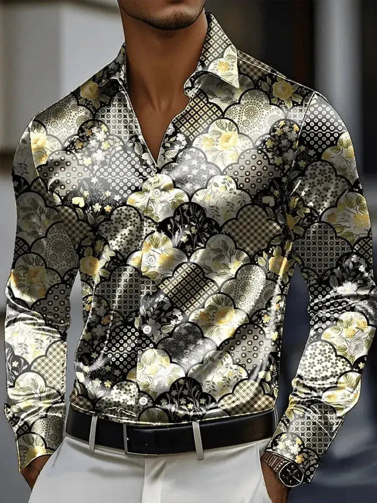 Men's long sleeve shirt with 3D vintage chain print, polyester fabric, outdoor street style, button front, fashion streetwear by SHOPEZRA.