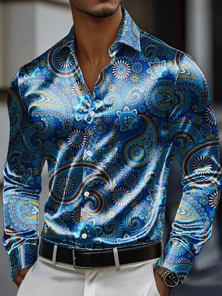 Men's long sleeve shirt with 3D vintage chain print, polyester fabric, outdoor street style, button closure, fashion streetwear.