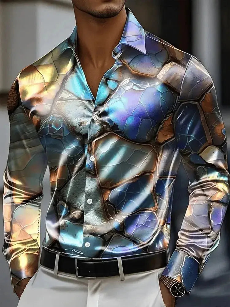 Men's 3D vintage chain print long sleeve shirt by SHOPEZRA L.L.C., featuring polyester fabric, outdoor street style, button closure.