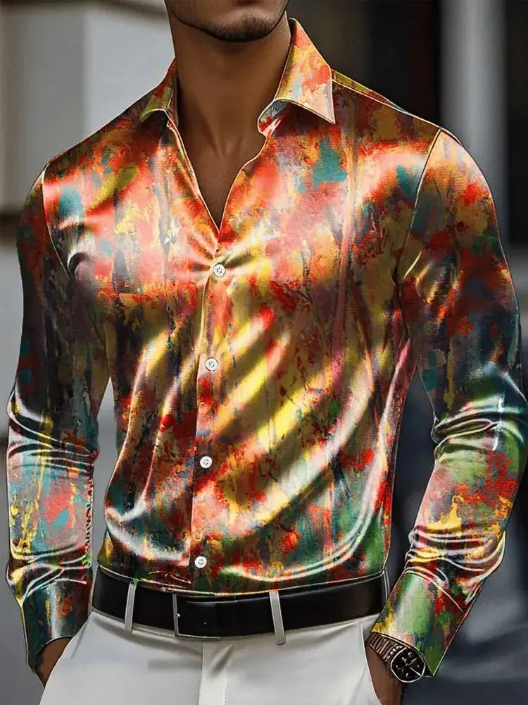 Men's long sleeve vintage chain print shirt by SHOPEZRA L.L.C., featuring 3D design, polyester fabric, outdoor street style, button closure.