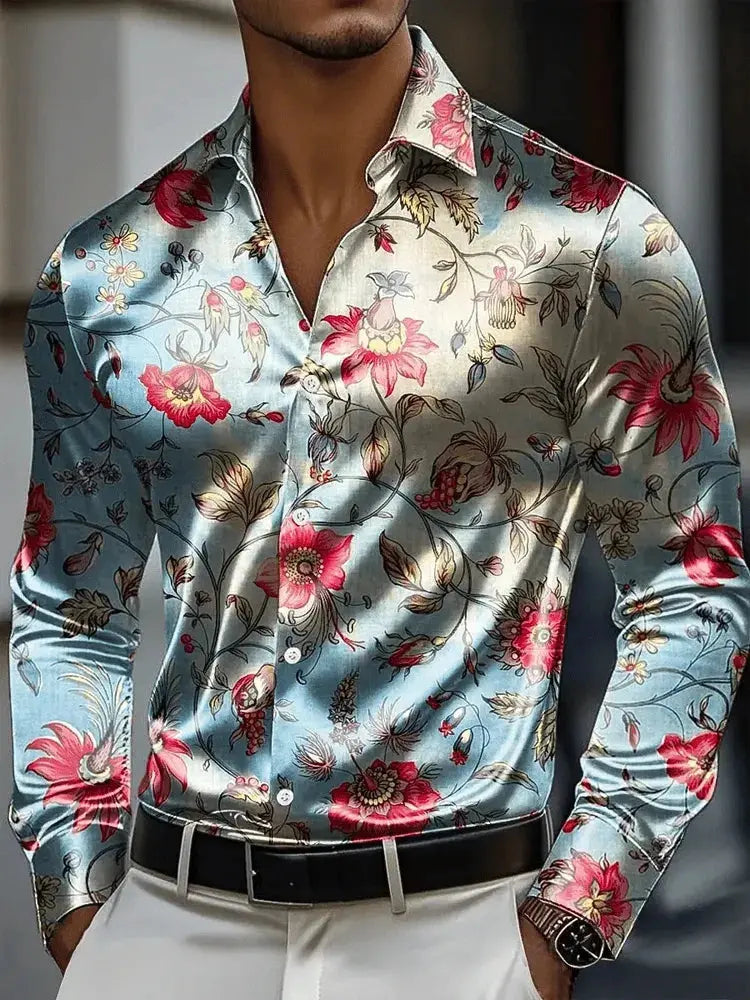 Men's long sleeve shirt with 3D vintage chain print, polyester fabric, outdoor street style, button-up design by SHOPEZRA L.L.C.