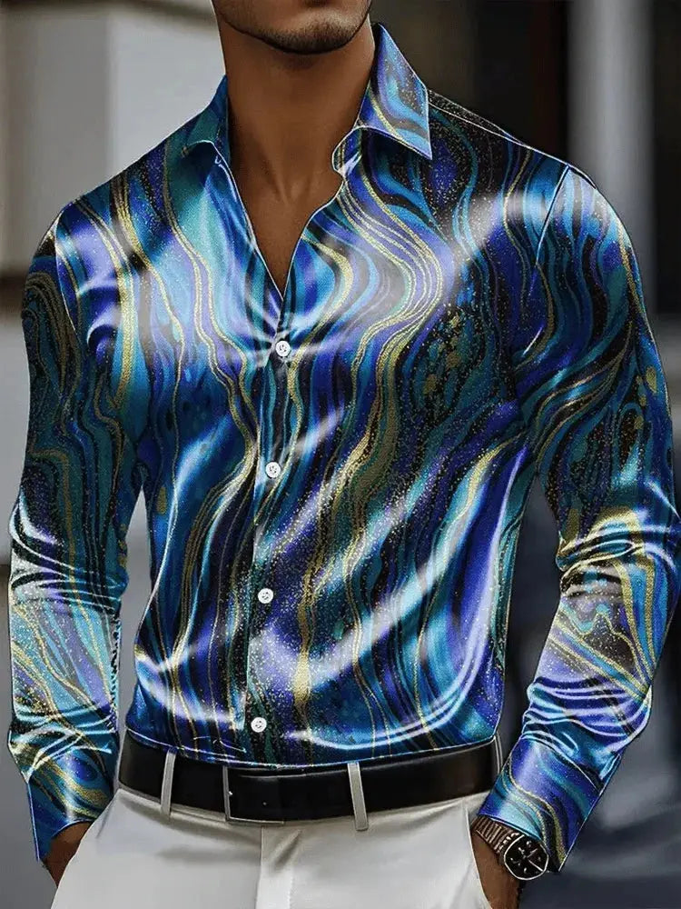 Men's long sleeve vintage chain print shirt by SHOPEZRA L.L.C., featuring 3D design, polyester fabric, outdoor street style.
