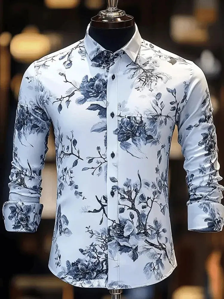 Men's long sleeve vintage chain print shirt by SHOPEZRA L.L.C., featuring 3D design and polyester fabric, perfect for street fashion.