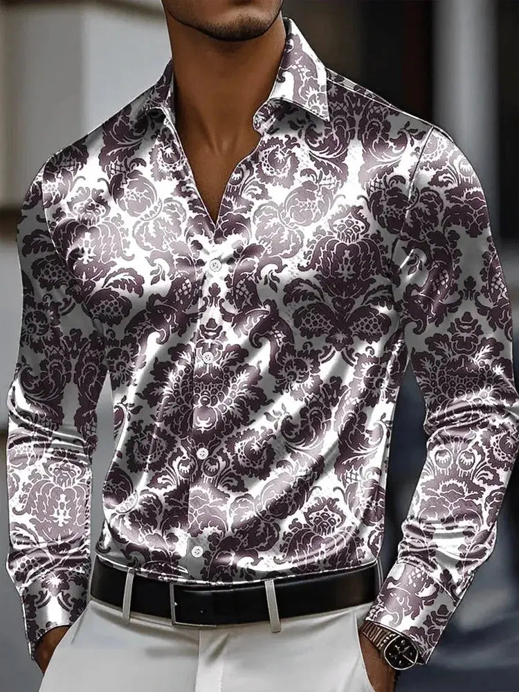 Men's long sleeve street style shirt with 3D vintage chain print, polyester fabric, button front, outdoor fashion design by SHOPEZRA L.L.C.