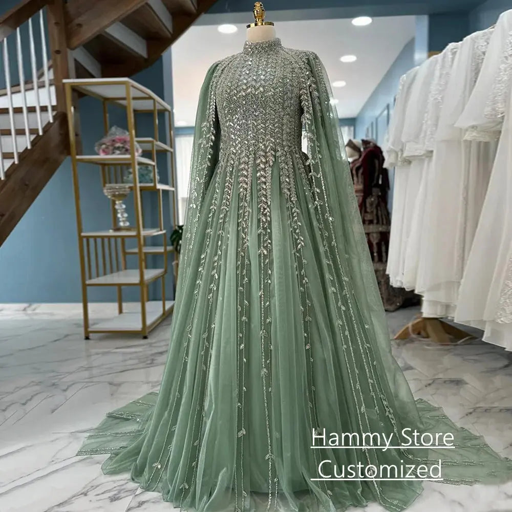 Yellow Saudi Arabian evening dress by SHOPEZRA L.L.C., with high neck, long sleeves, and sparkling sequined embellishments.