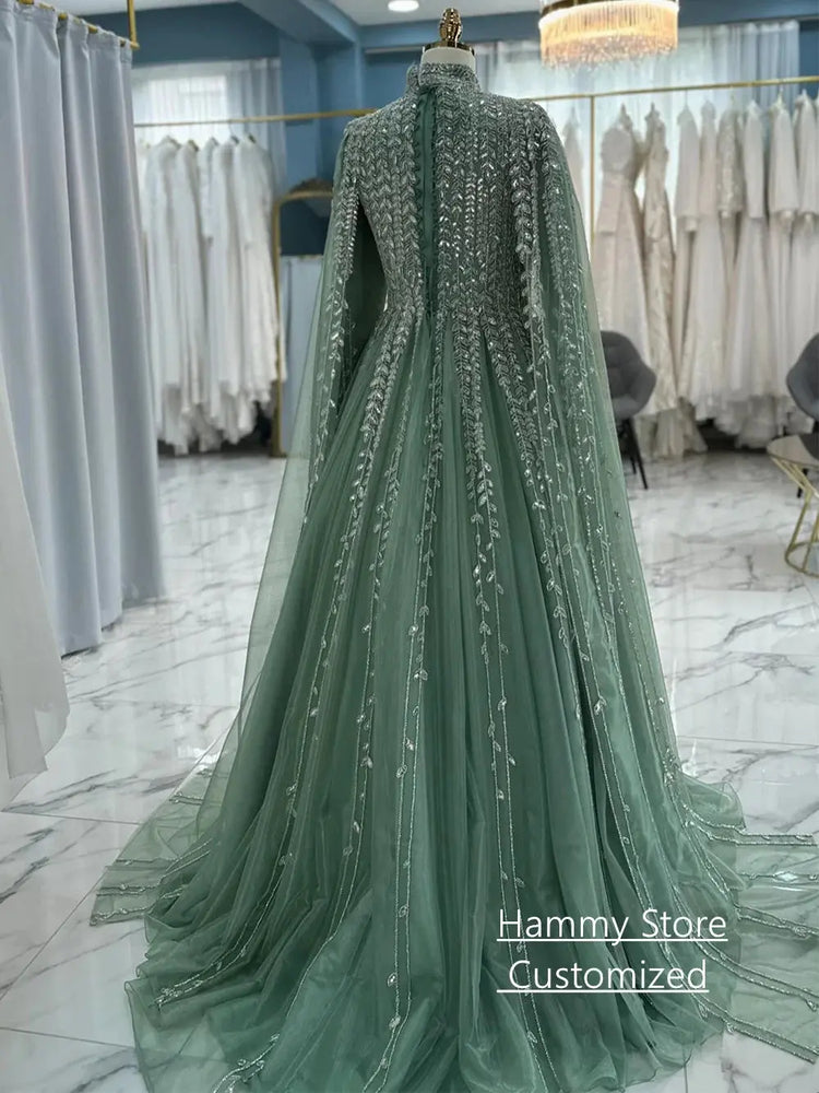 Yellow Saudi Arabian evening dress by SHOPEZRA L.L.C., modest high neck, long sleeves, sparkling sequined prom gown.