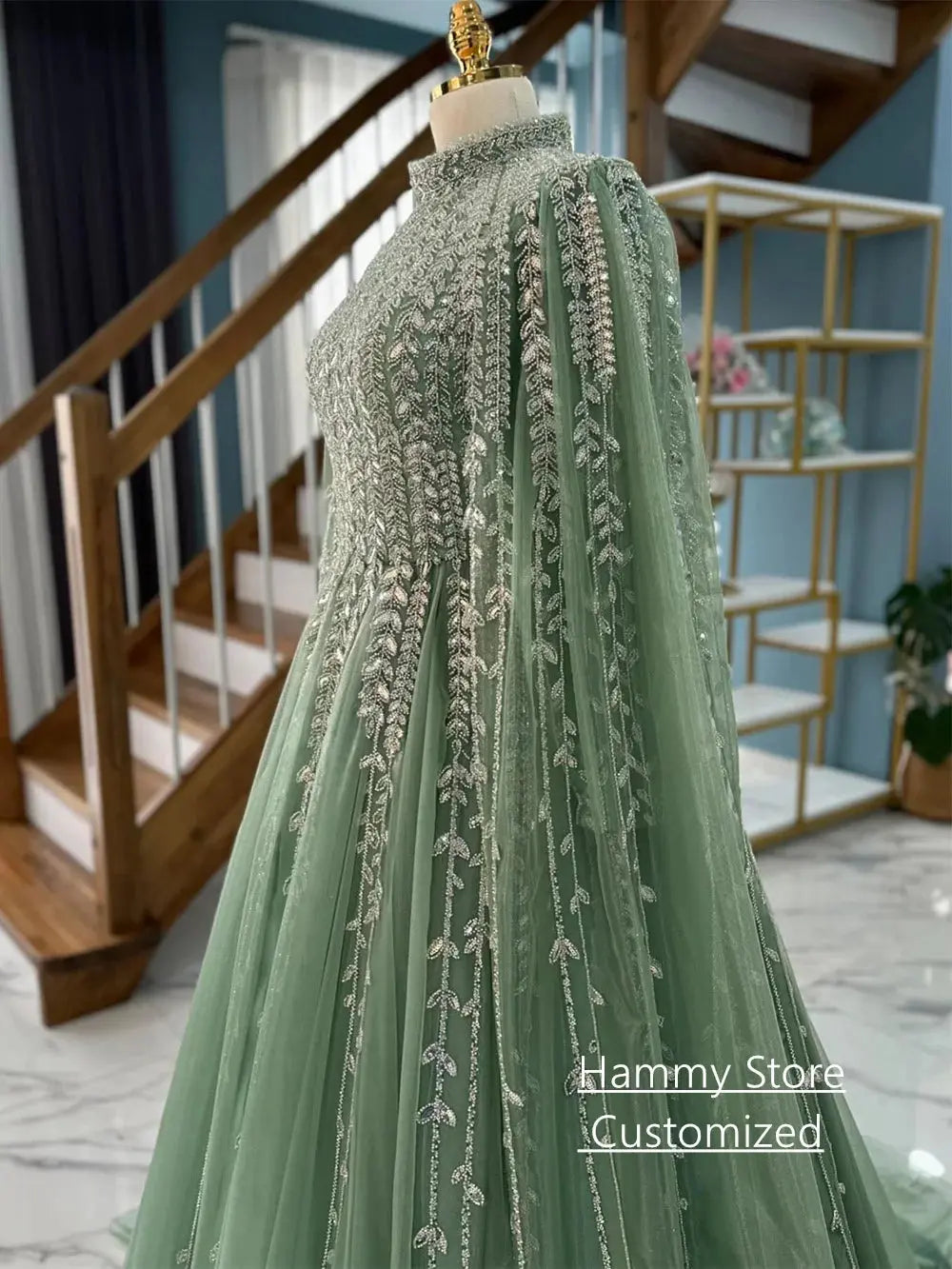 Yellow Saudi Arabian evening dress by SHOPEZRA L.L.C., customized modest high neck gown with long sleeves and sparkling sequins.