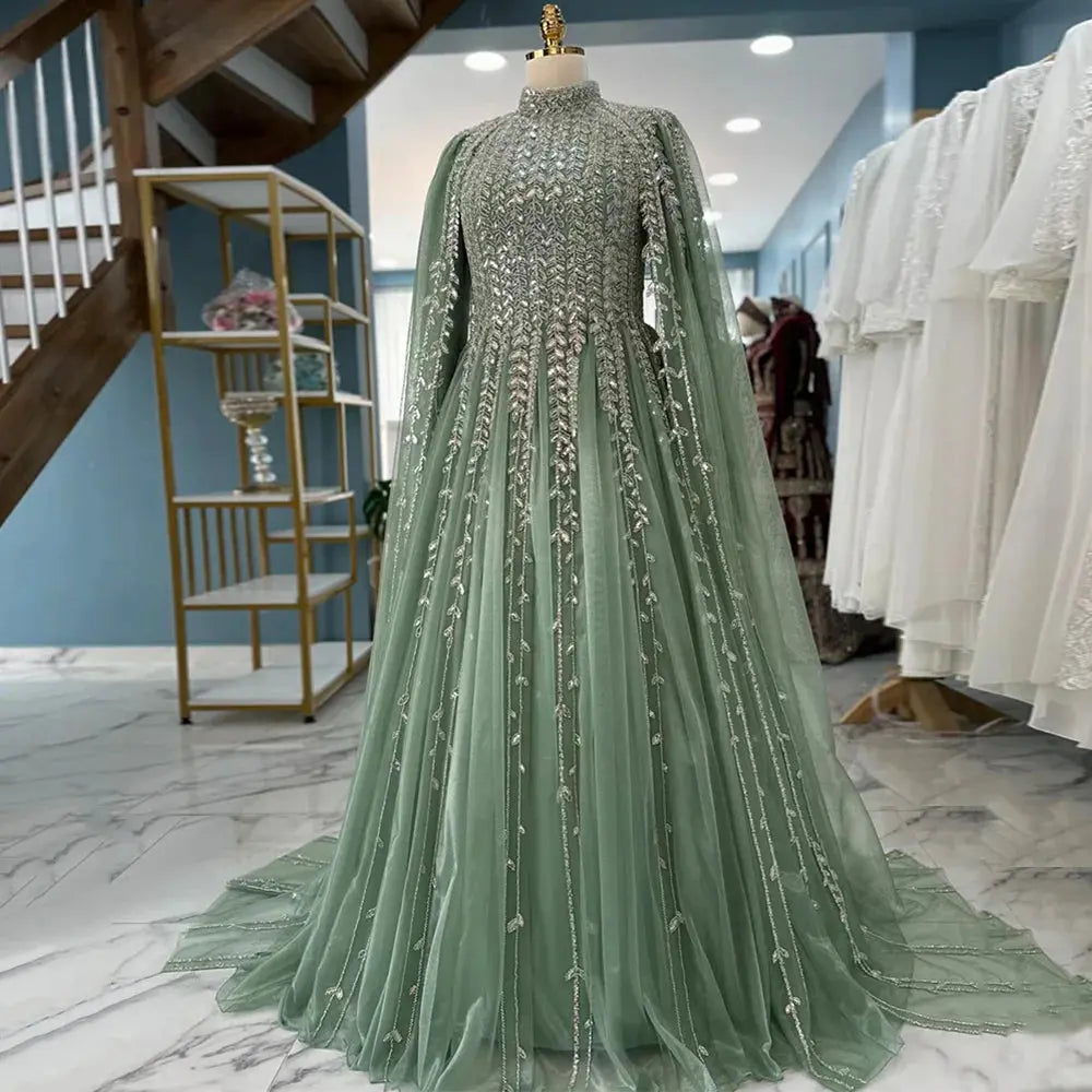 Yellow Saudi Arabian evening dress by SHOPEZRA L.L.C., customized modest high neck gown with long sleeves and sparkling sequins.
