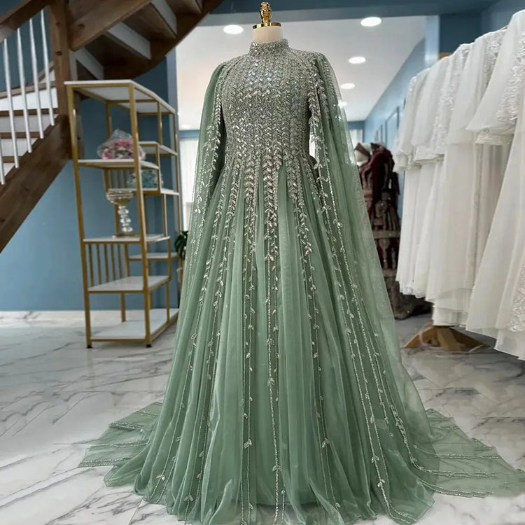 Yellow Saudi Arabian evening dress by SHOPEZRA L.L.C., customized modest high neck gown with long sleeves and sparkling sequins.