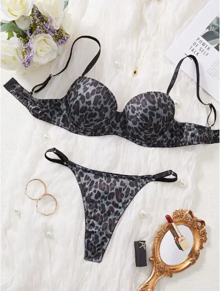 European and American leopard print sexy bra and thong set by SHOPEZRA L.L.C., featuring comfortable push-up lingerie with yellow leopard pattern.