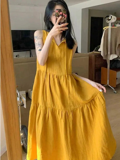 Summer New Cotton and Linen Ins Gentle Solid Color Sleeveless dress French Loose Strap Slimming Holiday Style Long Dress by Dropshipman
