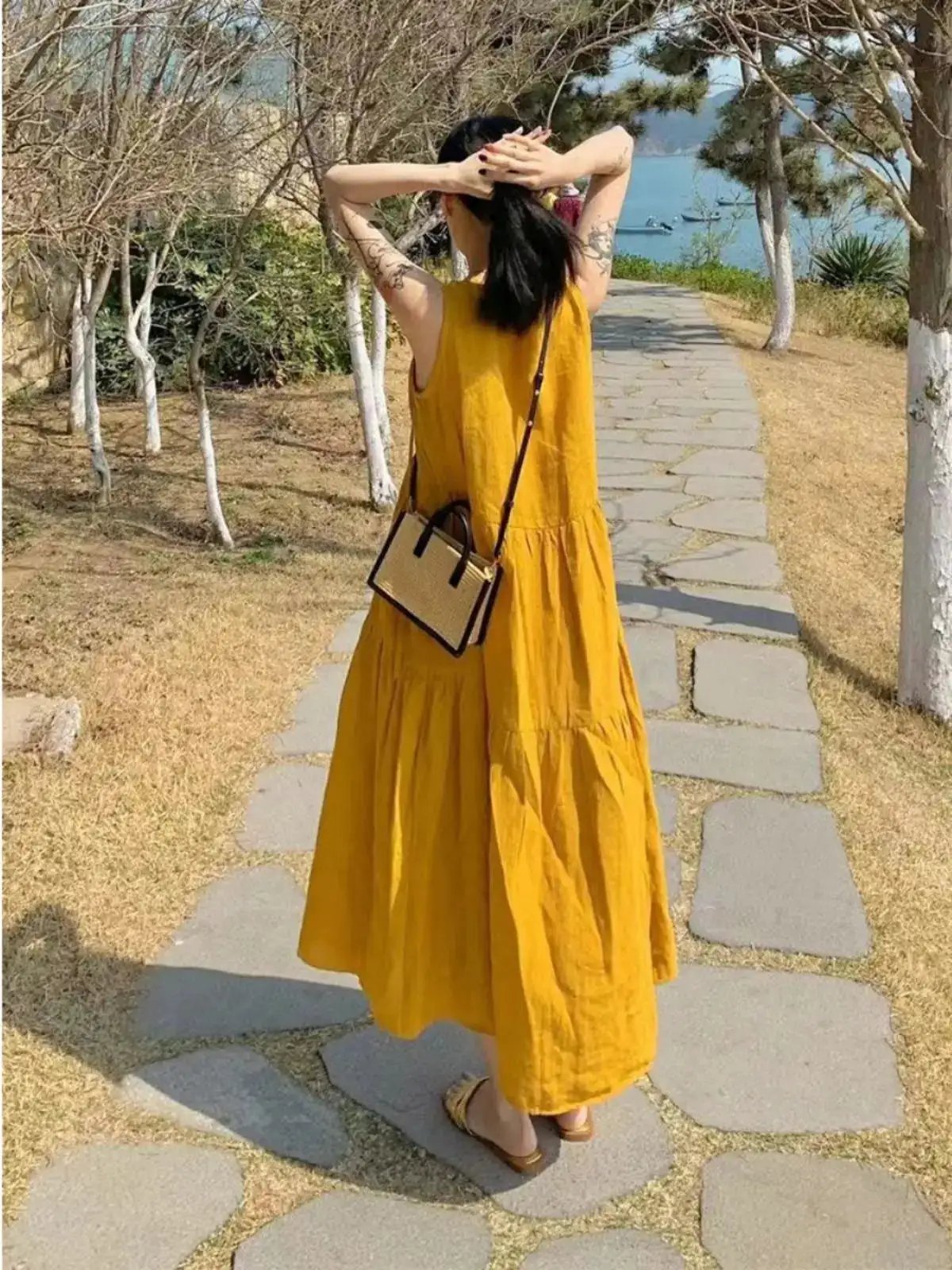 Summer New Cotton and Linen Ins Gentle Solid Color Sleeveless dress French Loose Strap Slimming Holiday Style Long Dress by Dropshipman